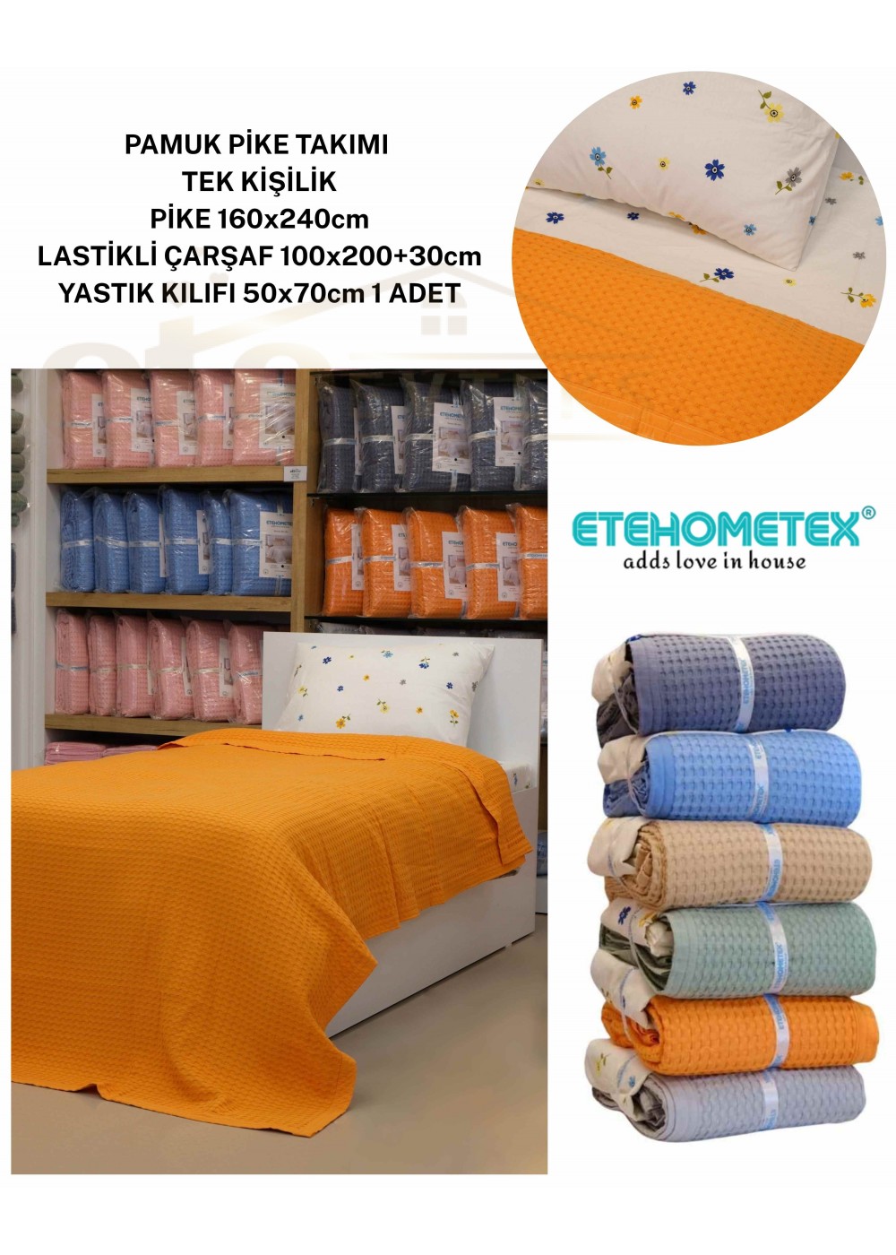 ETEHOMETEX HAVUZLU PİKE TAKIMI %100 PAMUK TEK KİŞİLİK TURUNCU 8696474232088